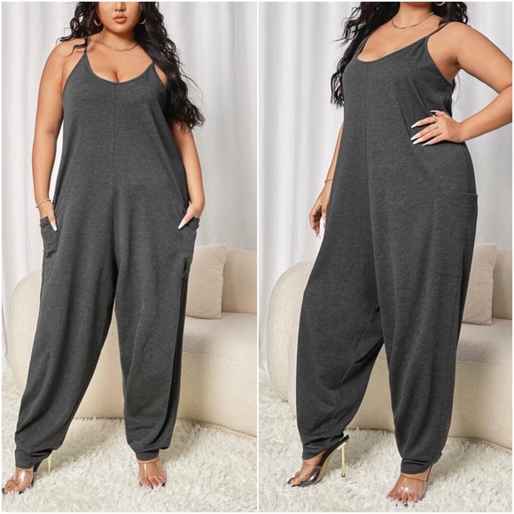 Plus Boho Black Loose Fit pockets Cami Jumpsuit - Picture 3 of 7